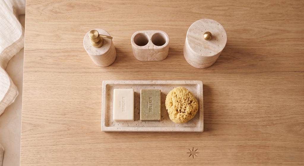 Travertine Marble Bathroom Accessories Set – 4 Piece, Brass Lid Accents