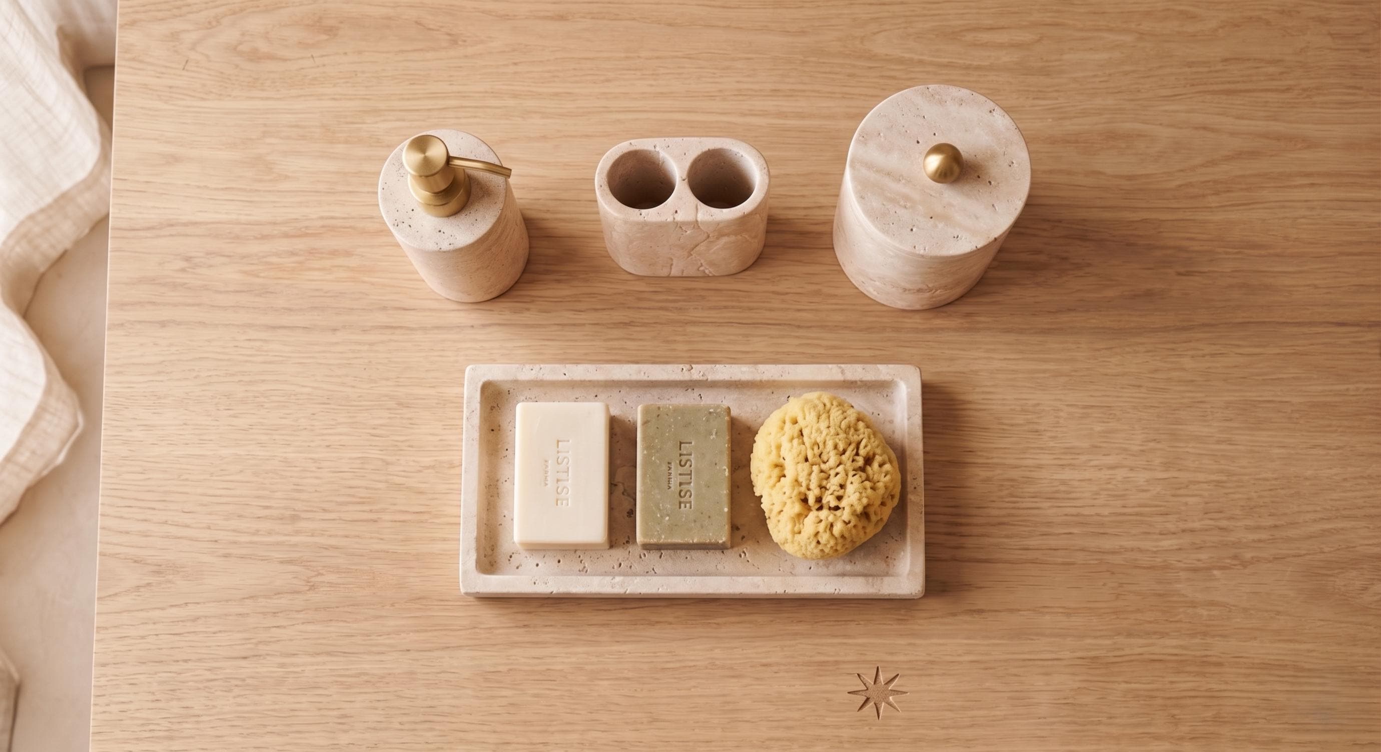Travertine Marble Bathroom Accessories Set – 4 Piece, Brass Lid Accents