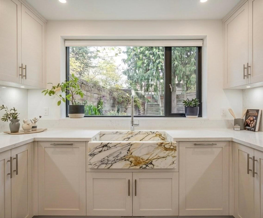 Calacatta Gold Marble Farmhouse Sink, Hand Carved Ribbed Apron Front, Luxury Kitchen Sink
