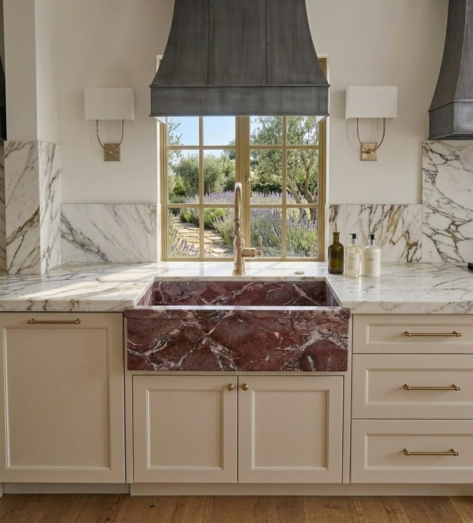 Rosso Levanto Marble Farmhouse Sink, Handcrafted Red Stone Apron Kitchen Sink