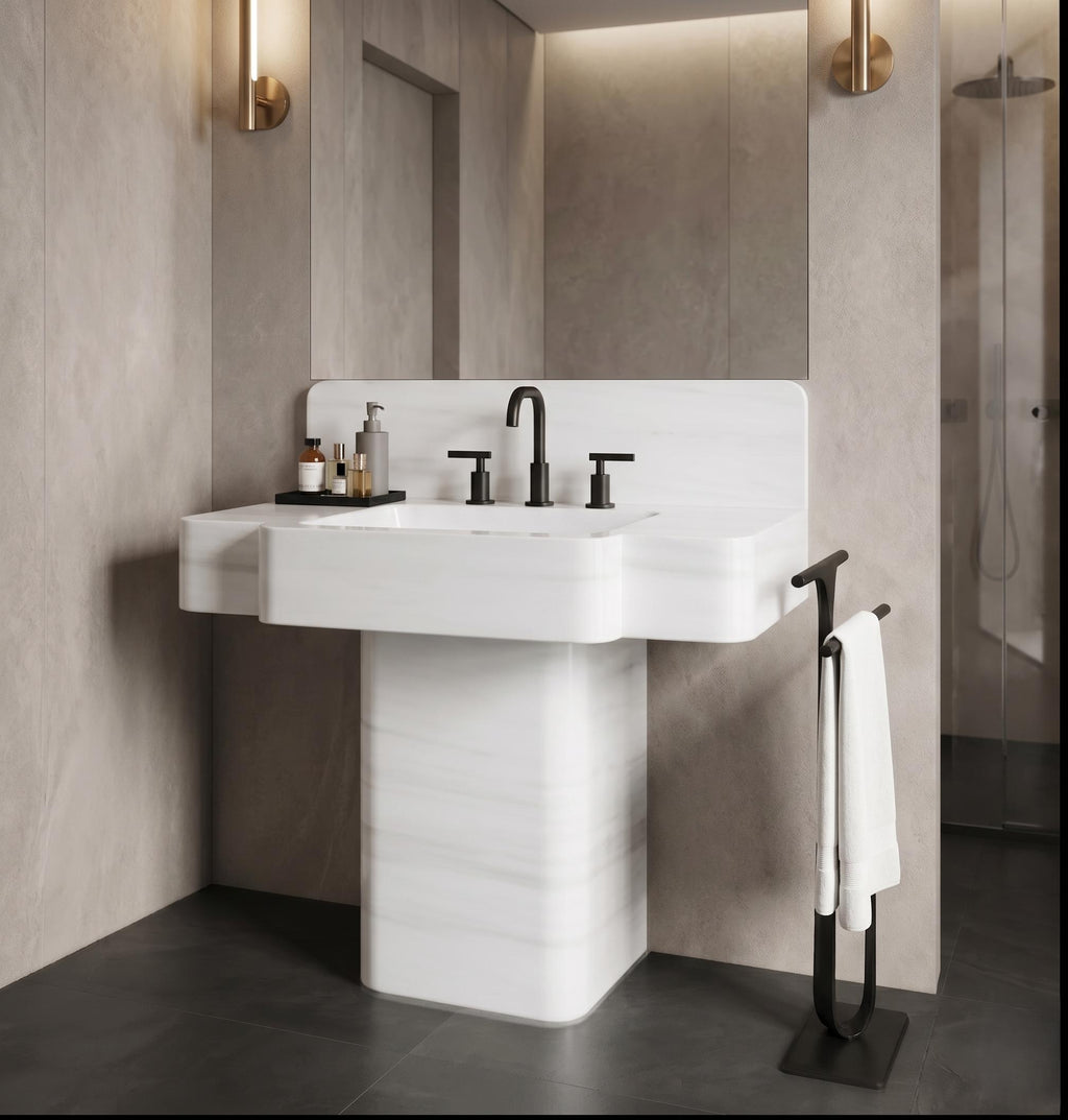 Marmara White Marble Vanity Sink and Pedestal – Integrated Stone Basin Set