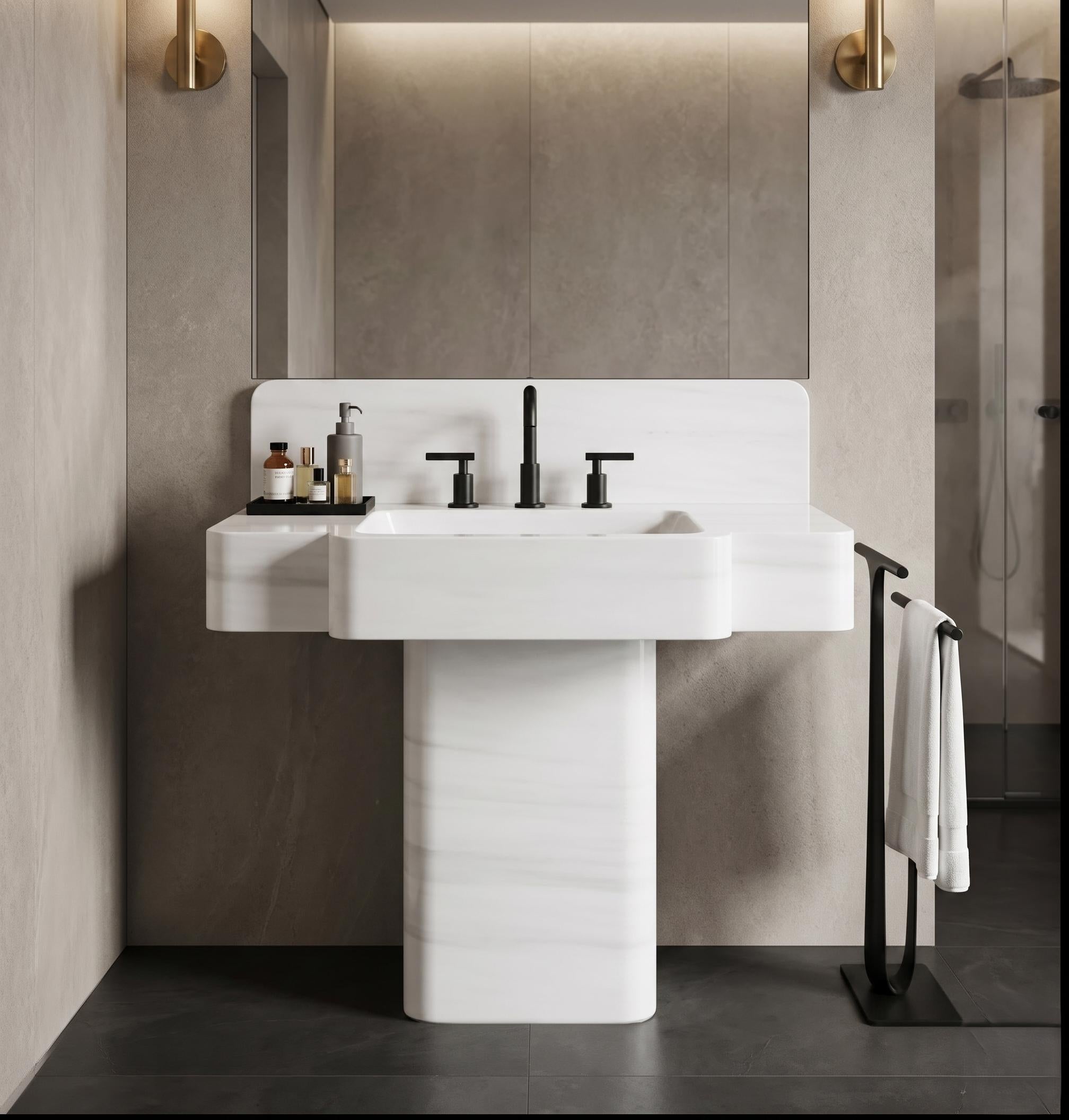 Marmara White Marble Vanity Sink and Pedestal – Integrated Stone Basin Set