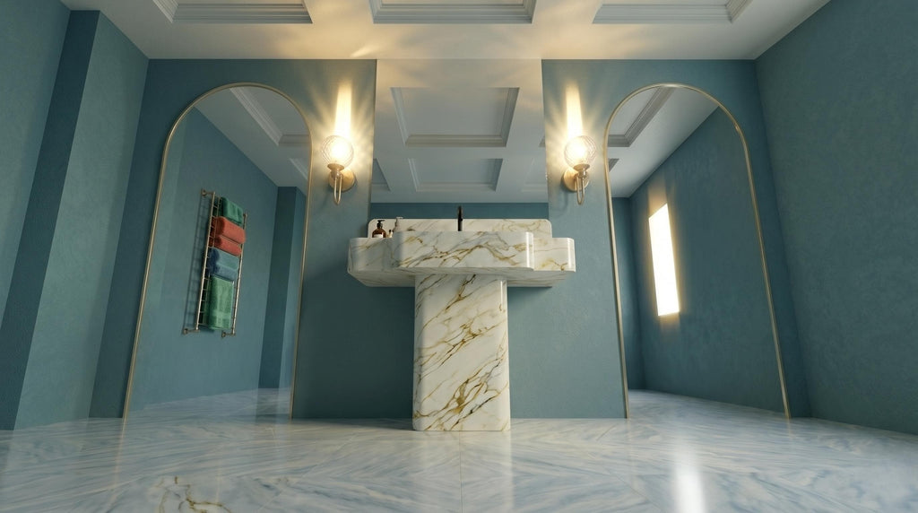 Calacatta Gold Marble Pedestal Sink, Artistic Free Standing Washbasin, Integrated Vanity Set