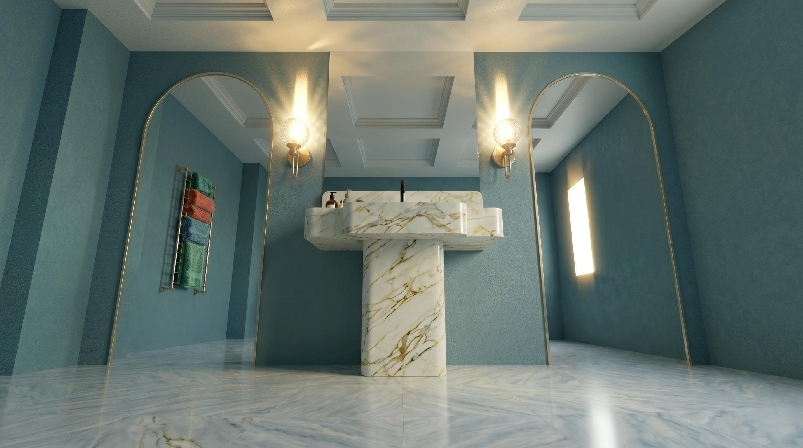 Calacatta Gold Marble Pedestal Sink, Artistic Free Standing Washbasin, Integrated Vanity Set