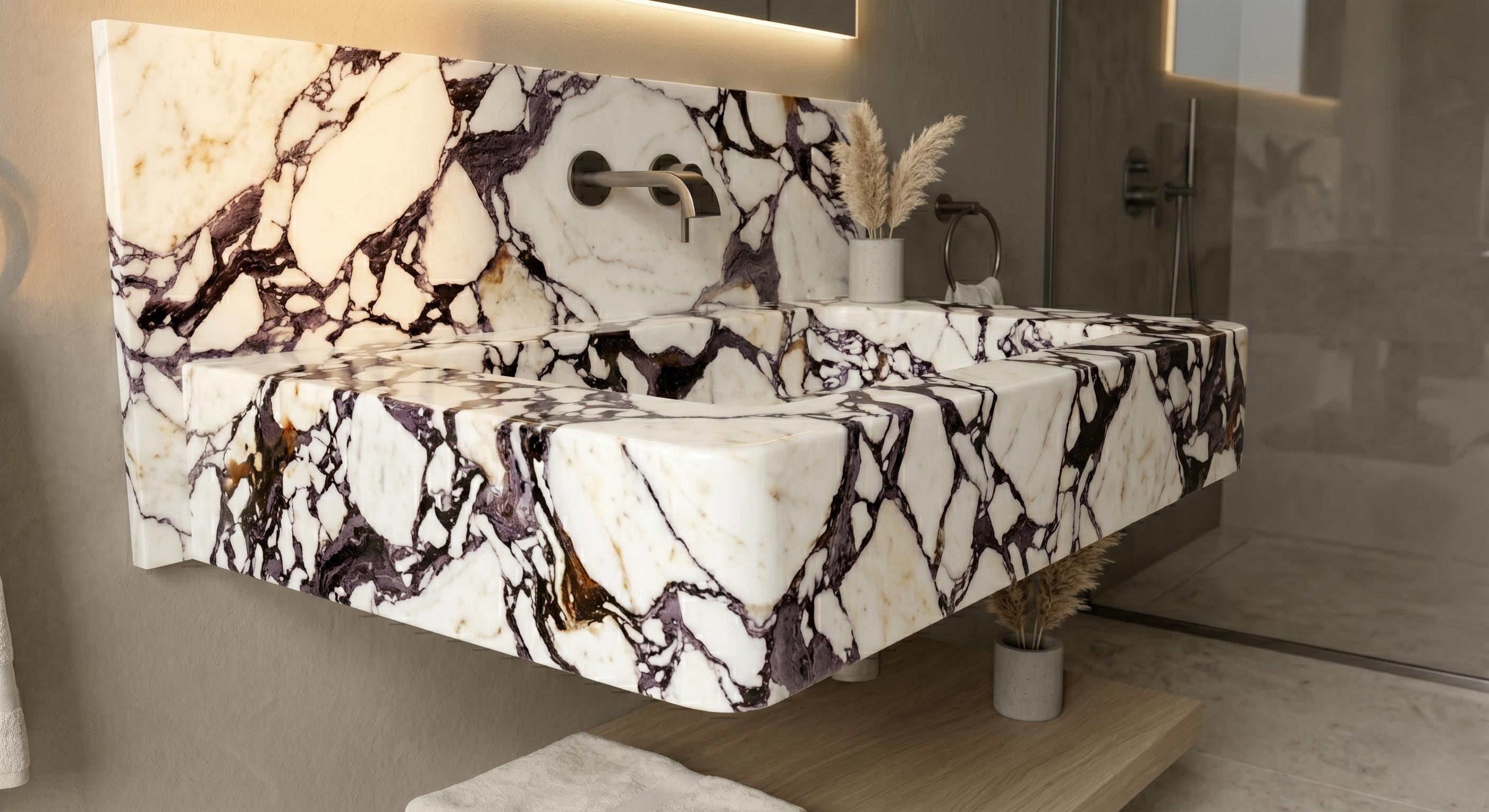 Calacatta Viola Marble Floating Sink, Fluted Vanity, Handcrafted Powder Room Basin