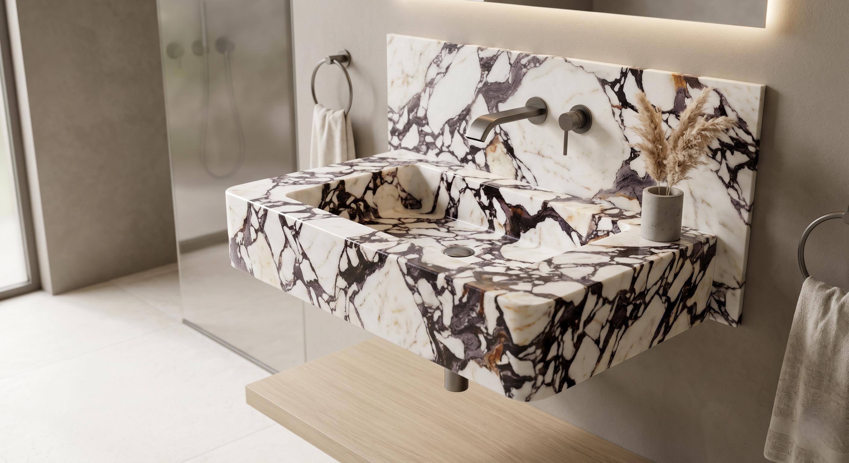 Calacatta Viola Marble Floating Sink, Fluted Vanity, Handcrafted Powder Room Basin