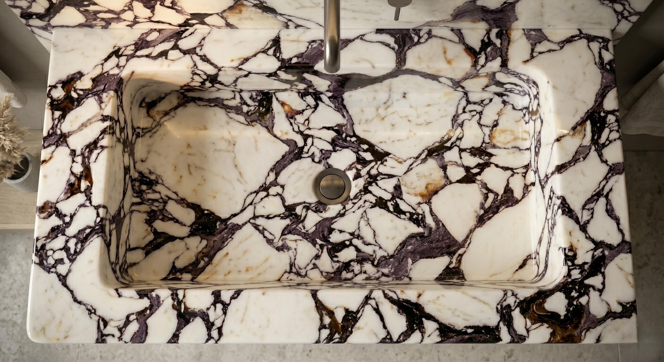 Calacatta Viola Marble Floating Sink, Fluted Vanity, Handcrafted Powder Room Basin