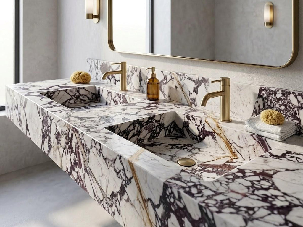 Calacatta Viola Marble Double Vanity, Hand Carved Stone Wash Basin, Floating Bathroom Sink