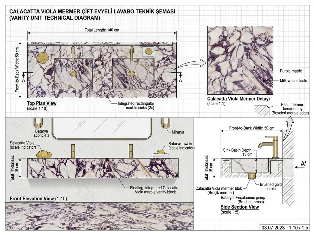 Calacatta Viola Marble Double Vanity, Hand Carved Stone Wash Basin, Floating Bathroom Sink