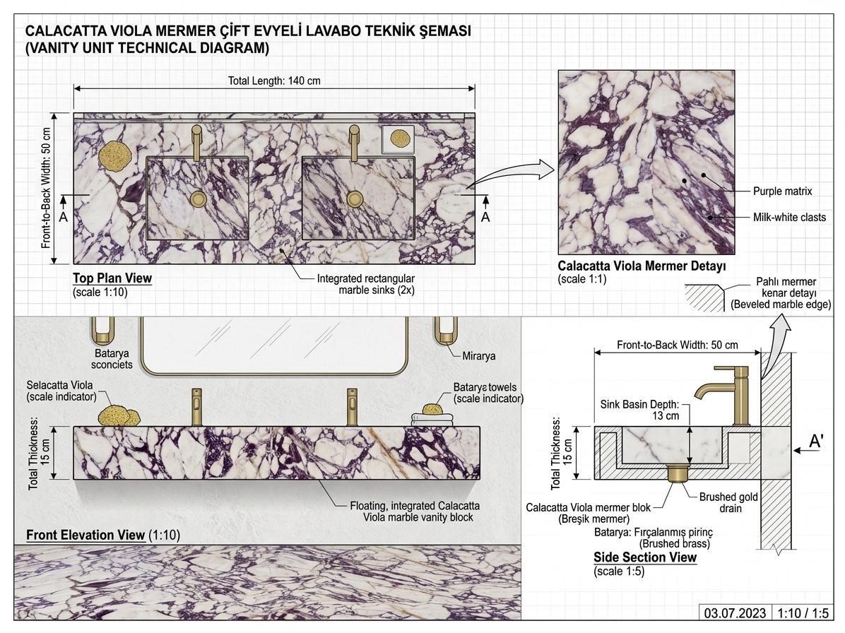 Calacatta Viola Marble Double Vanity, Hand Carved Stone Wash Basin, Floating Bathroom Sink