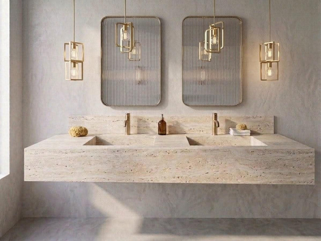 Travertine Double Vanity, Floating Natural Stone Washbasin, Beige Marble Bathroom Countertop