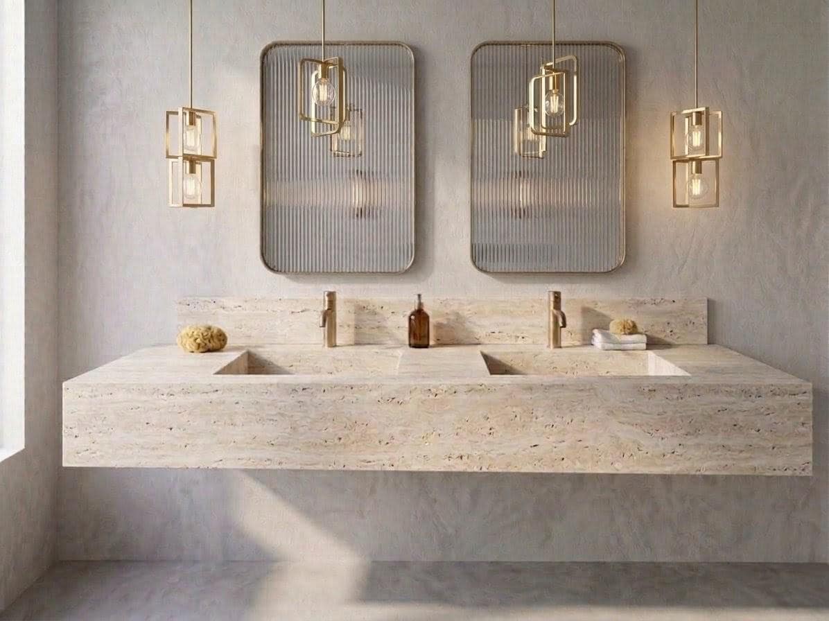 Travertine Double Vanity, Floating Natural Stone Washbasin, Beige Marble Bathroom Countertop