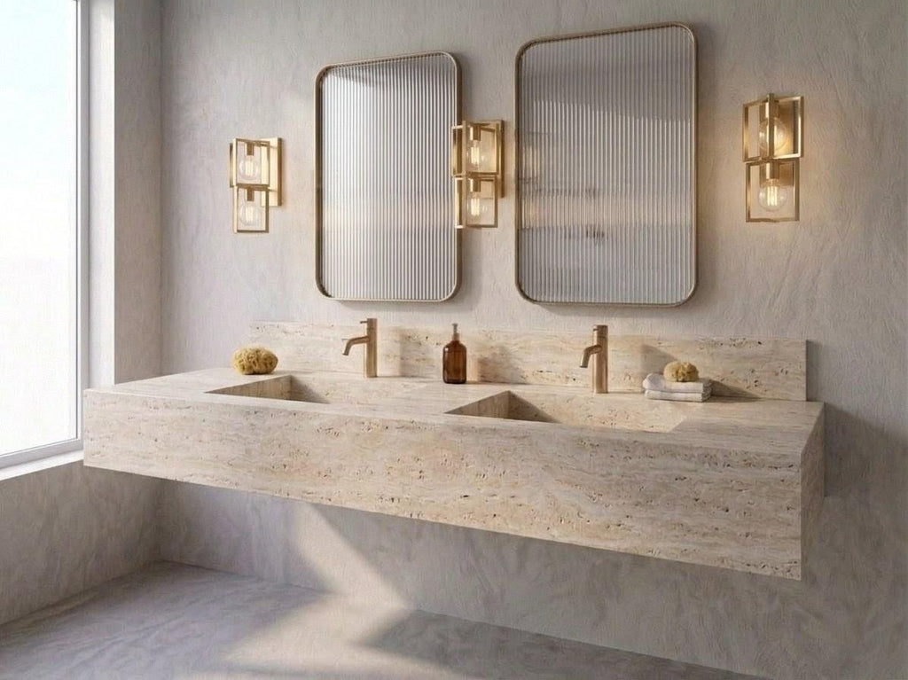 Travertine Double Vanity, Floating Natural Stone Washbasin, Beige Marble Bathroom Countertop