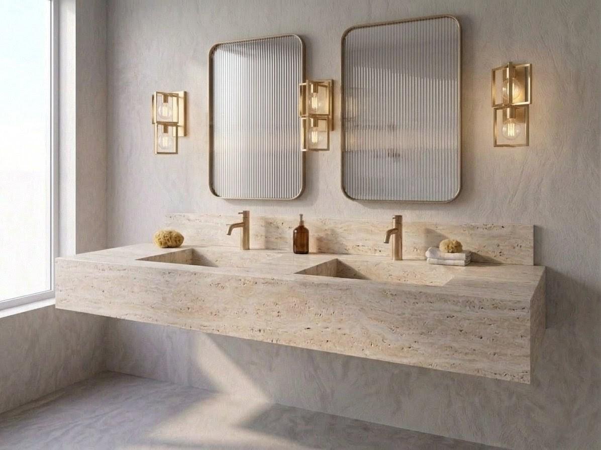 Travertine Double Vanity, Floating Natural Stone Washbasin, Beige Marble Bathroom Countertop