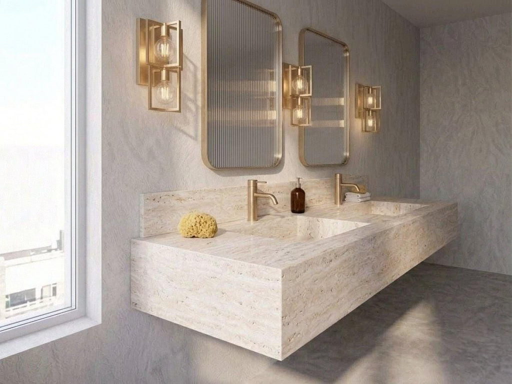 Travertine Double Vanity, Floating Natural Stone Washbasin, Beige Marble Bathroom Countertop