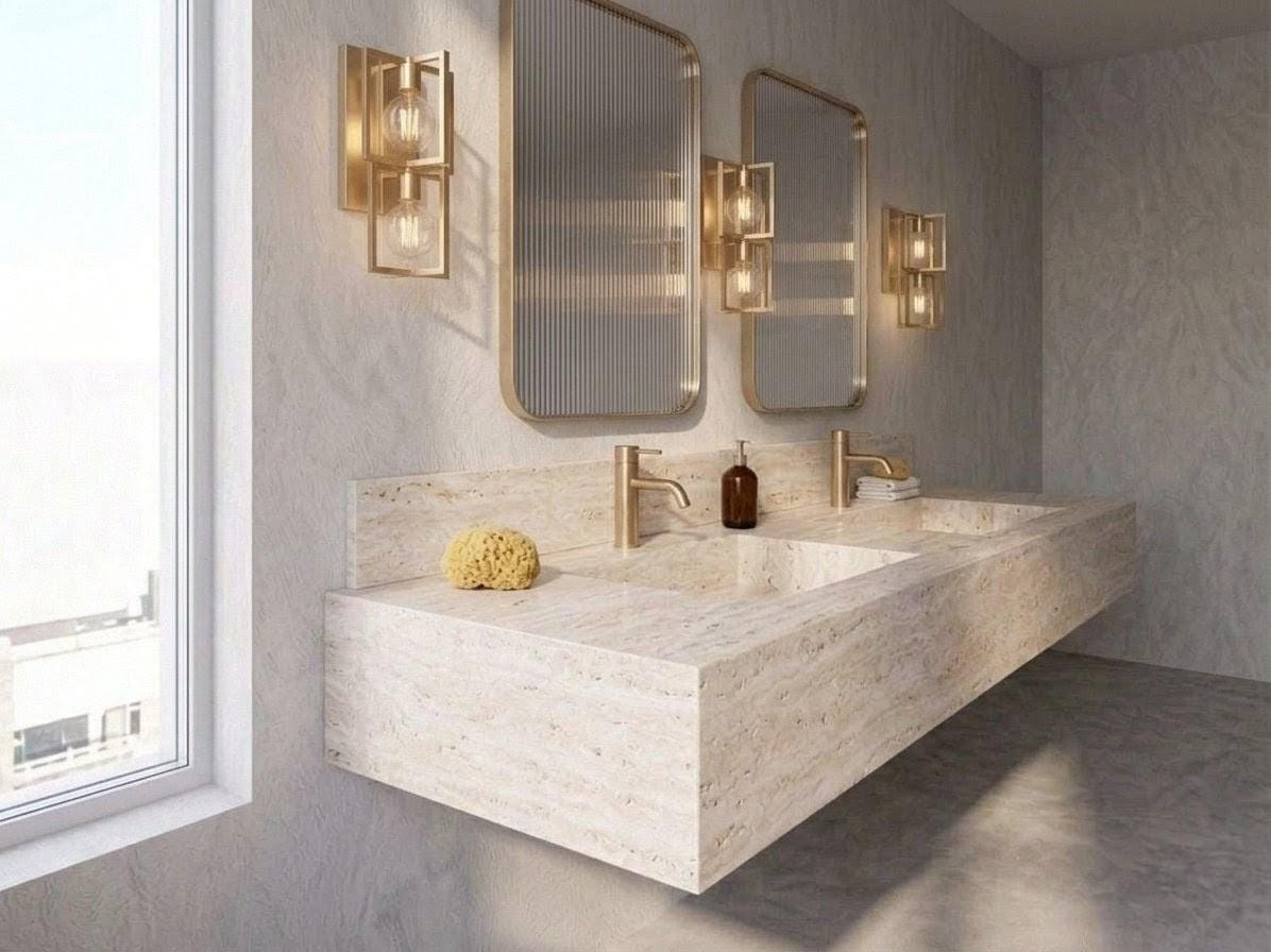 Travertine Double Vanity, Floating Natural Stone Washbasin, Beige Marble Bathroom Countertop