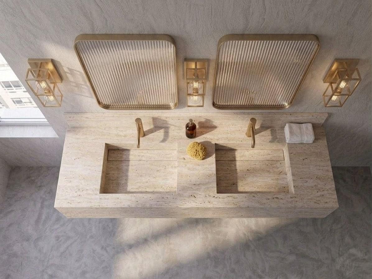 Travertine Double Vanity, Floating Natural Stone Washbasin, Beige Marble Bathroom Countertop