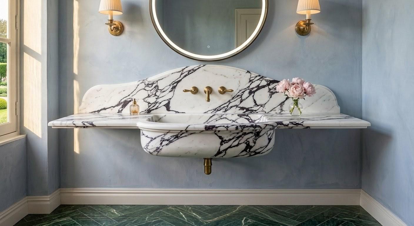 Calacatta Viola Marble Sink, Hand Carved Stone Wash Basin, Custom Vanity, Violet Marble Vessel
