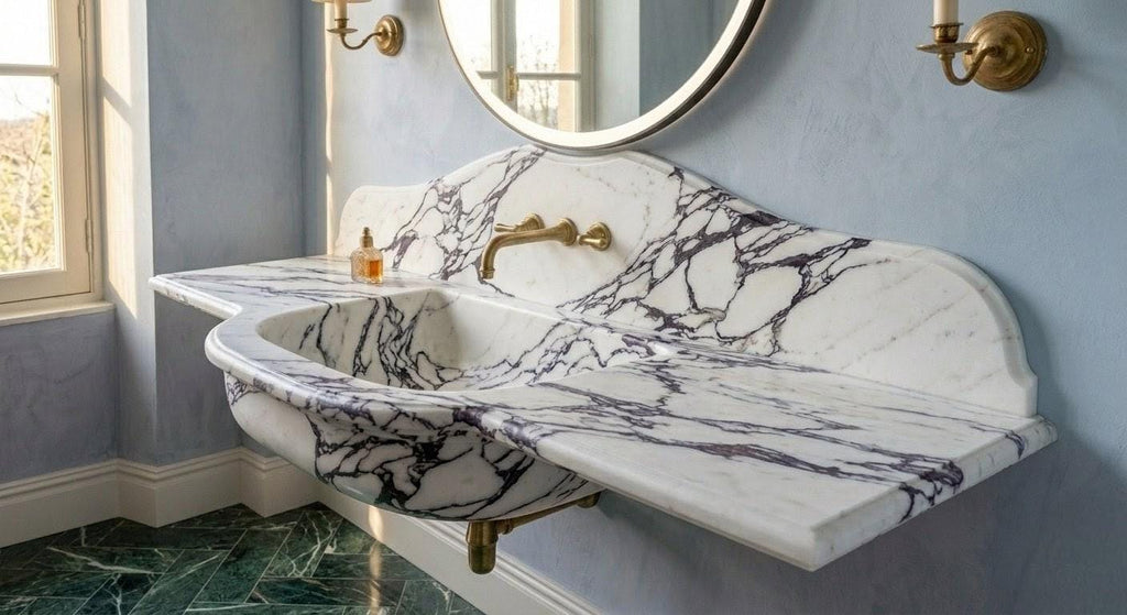 Calacatta Viola Marble Sink, Hand Carved Stone Wash Basin, Custom Vanity, Violet Marble Vessel
