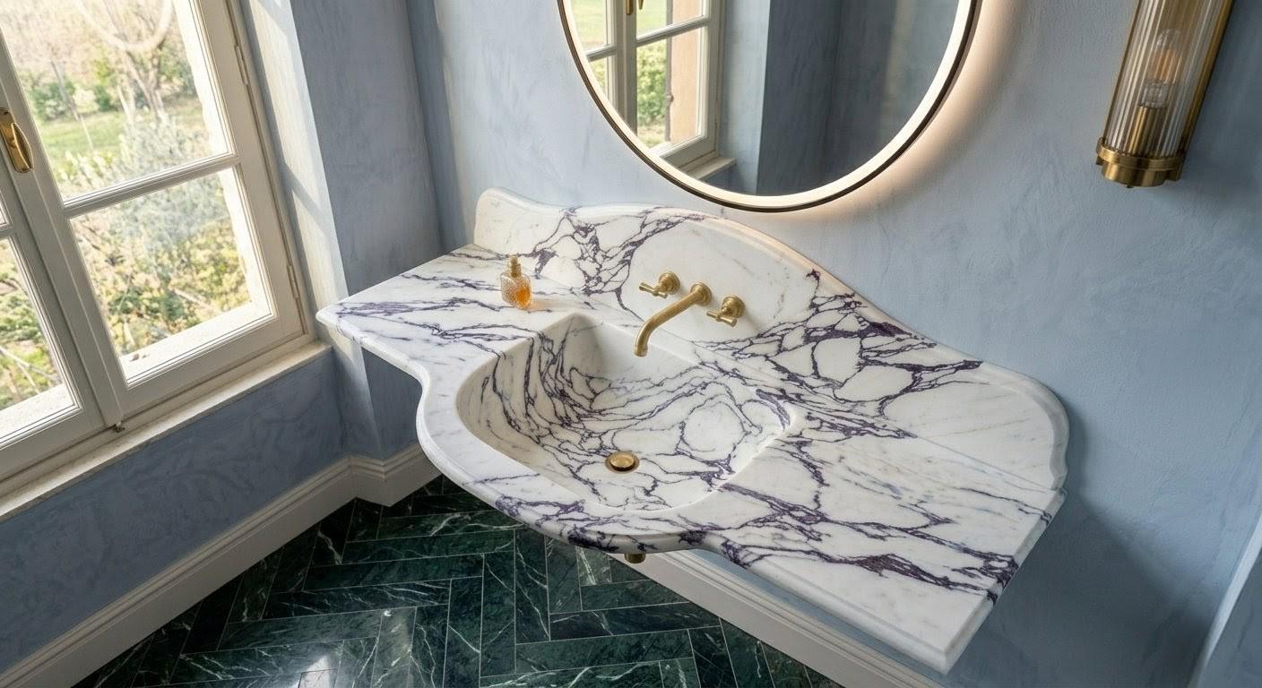 Calacatta Viola Marble Sink, Hand Carved Stone Wash Basin, Custom Vanity, Violet Marble Vessel
