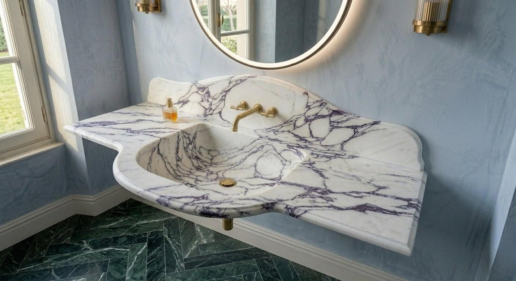 Calacatta Viola Marble Sink, Hand Carved Stone Wash Basin, Custom Vanity, Violet Marble Vessel