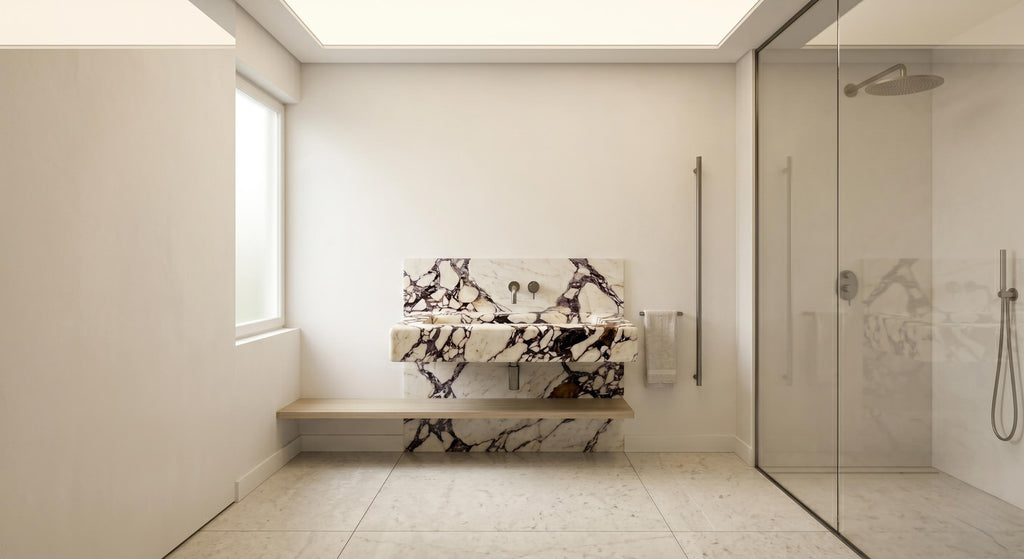 Calacatta Viola Marble Floating Sink, Fluted Vanity, Handcrafted Powder Room Basin