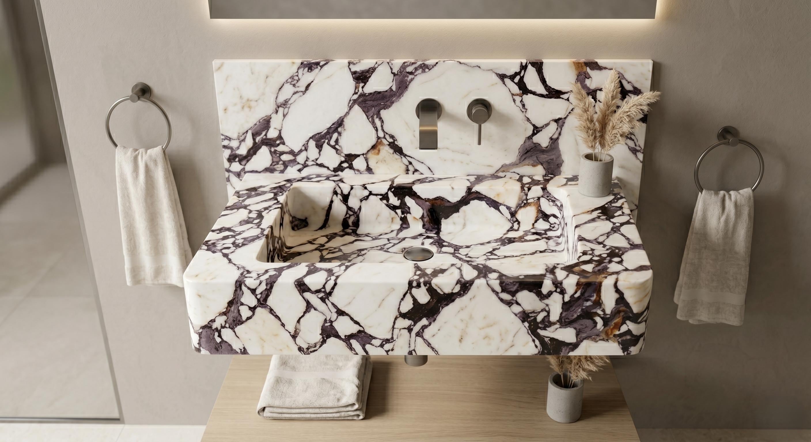Calacatta Viola Marble Floating Sink, Fluted Vanity, Handcrafted Powder Room Basin