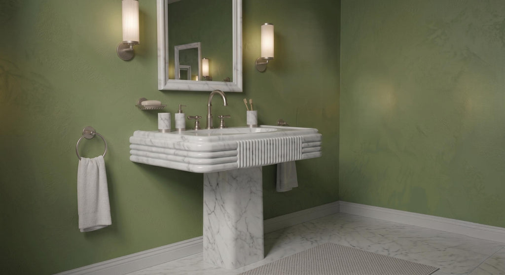 White Marble Pedestal Sink, Fluted Freestanding Stone Washbasin, Luxury Bathroom Vanity