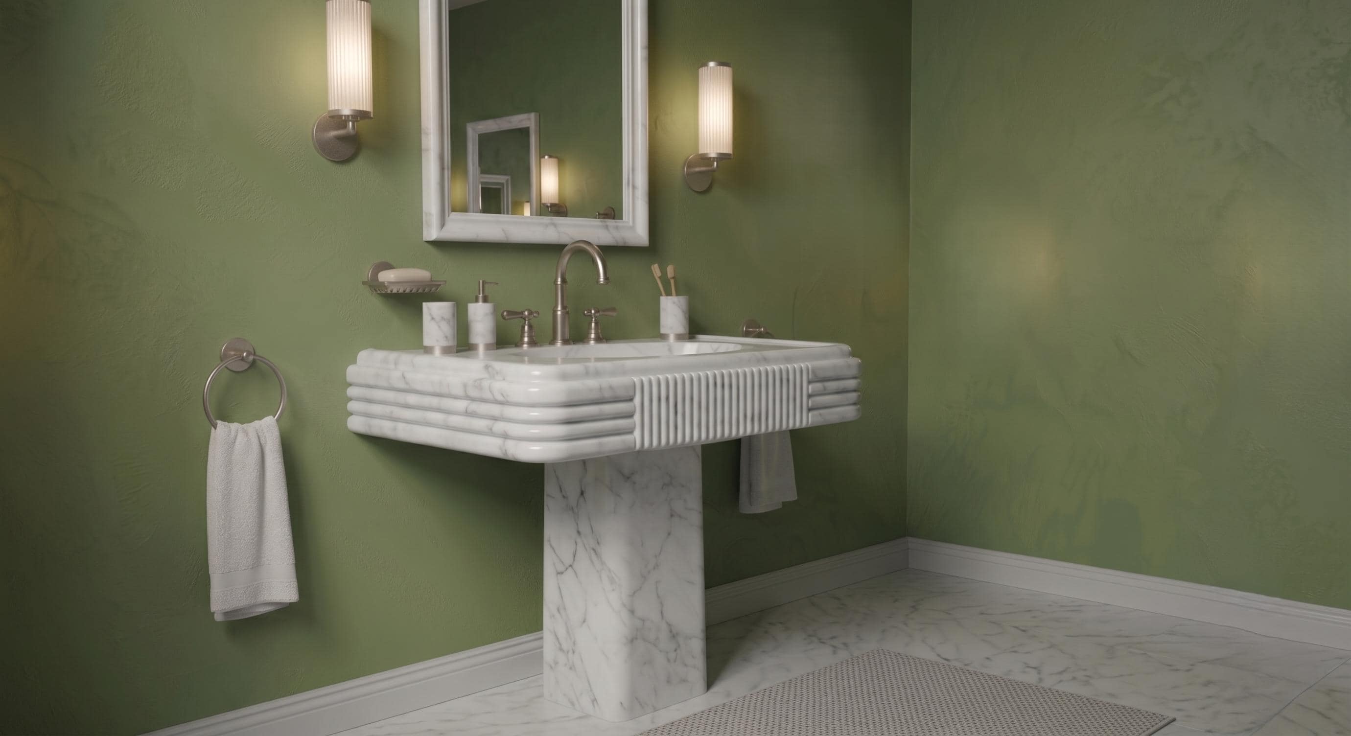White Marble Pedestal Sink, Fluted Freestanding Stone Washbasin, Luxury Bathroom Vanity