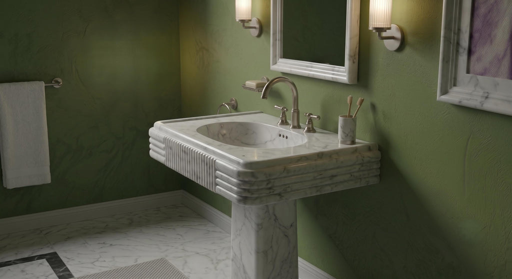 White Marble Pedestal Sink, Fluted Freestanding Stone Washbasin, Luxury Bathroom Vanity