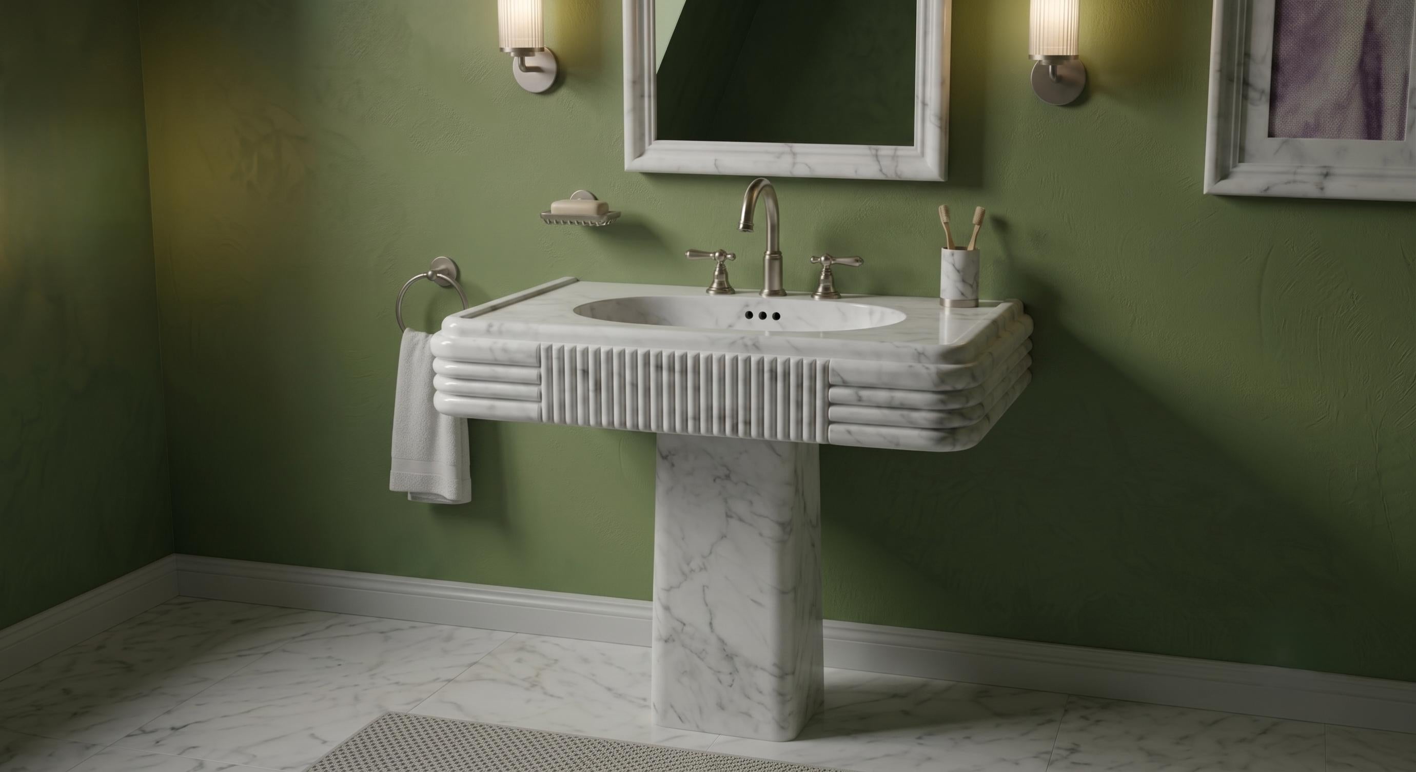 White Marble Pedestal Sink, Fluted Freestanding Stone Washbasin, Luxury Bathroom Vanity