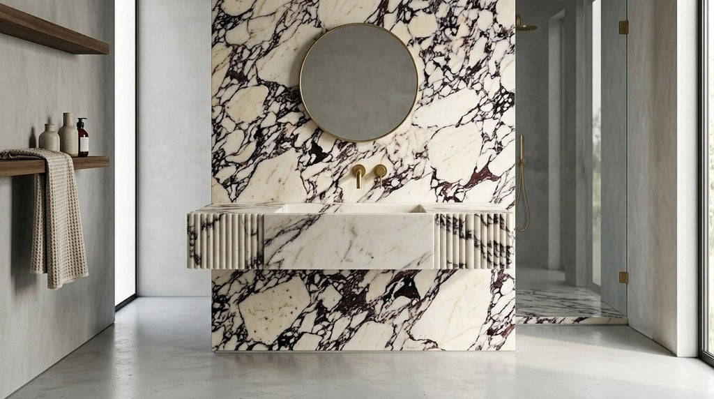 Calacatta Viola Marble Sink, Hand Carved Stone Vessel Basin, Fluted Modern Vanity
