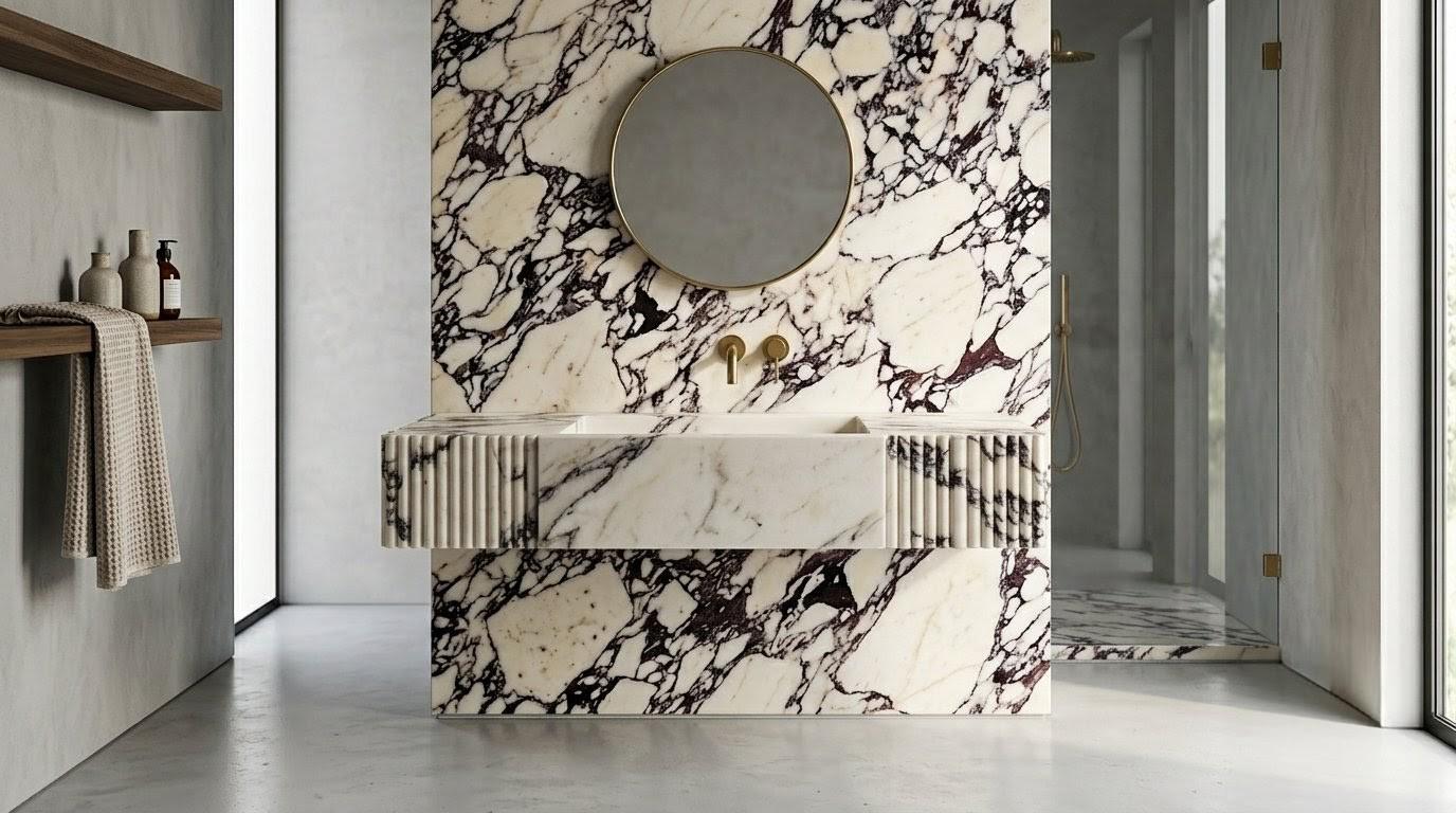 Calacatta Viola Marble Sink, Hand Carved Stone Vessel Basin, Fluted Modern Vanity
