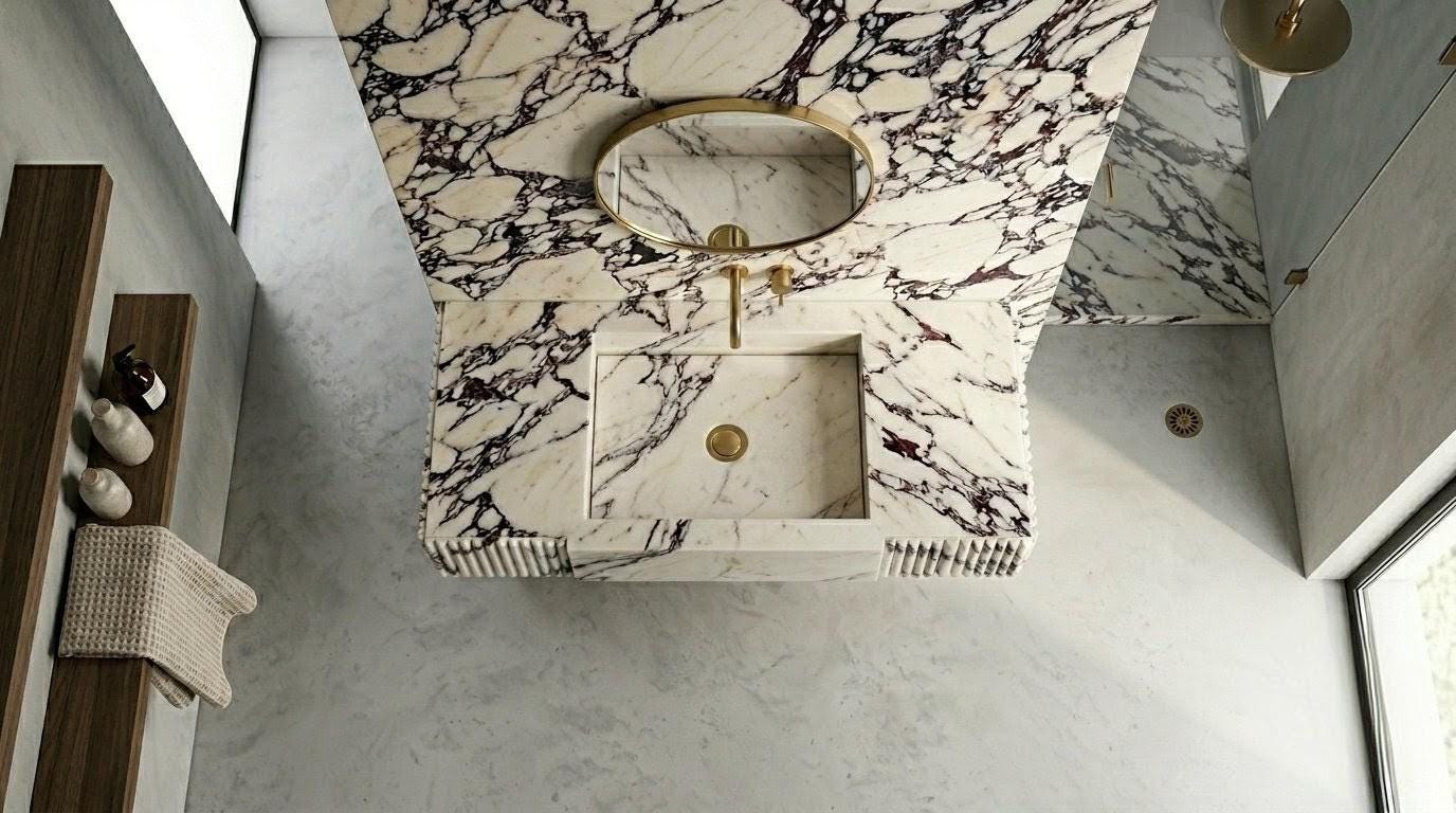 Calacatta Viola Marble Sink, Hand Carved Stone Vessel Basin, Fluted Modern Vanity
