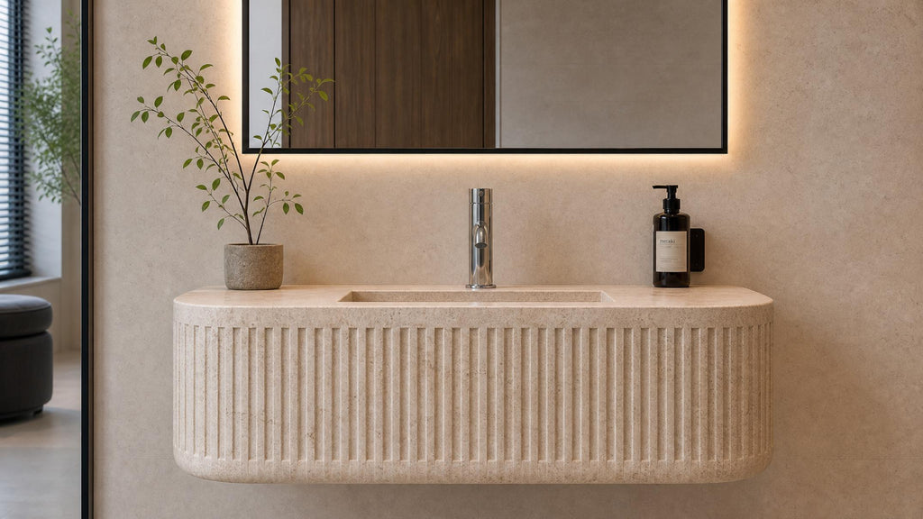 Travertine Fluted Wall Mounted Sink | Hand-Carved Natural Stone Luxury Basin