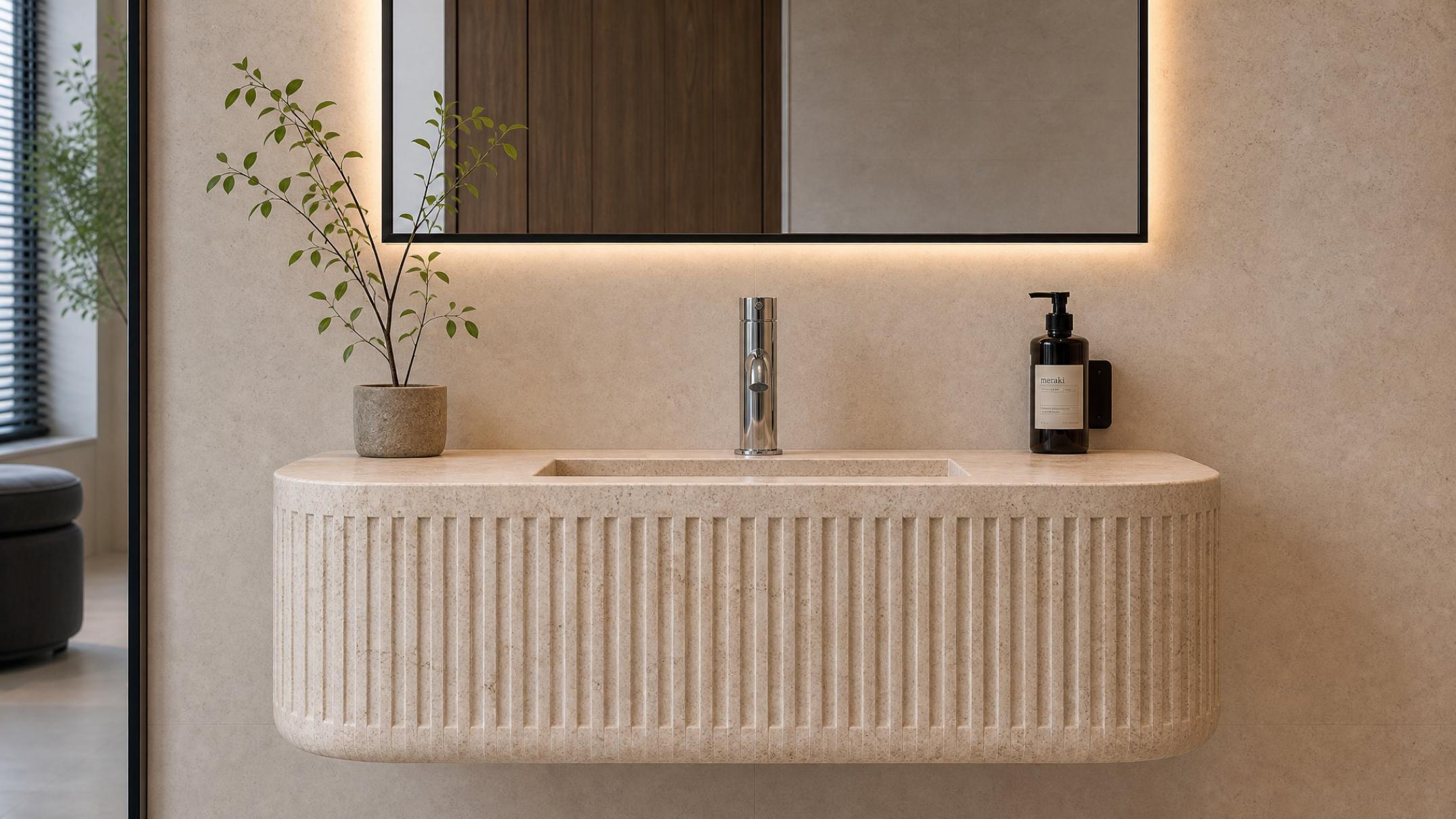 Travertine Fluted Wall Mounted Sink | Hand-Carved Natural Stone Luxury Basin