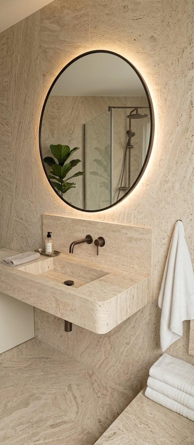 Luxury Travertine Stone Floating Bathroom Vanity - Modern Seamless Design with Integrated Sink
