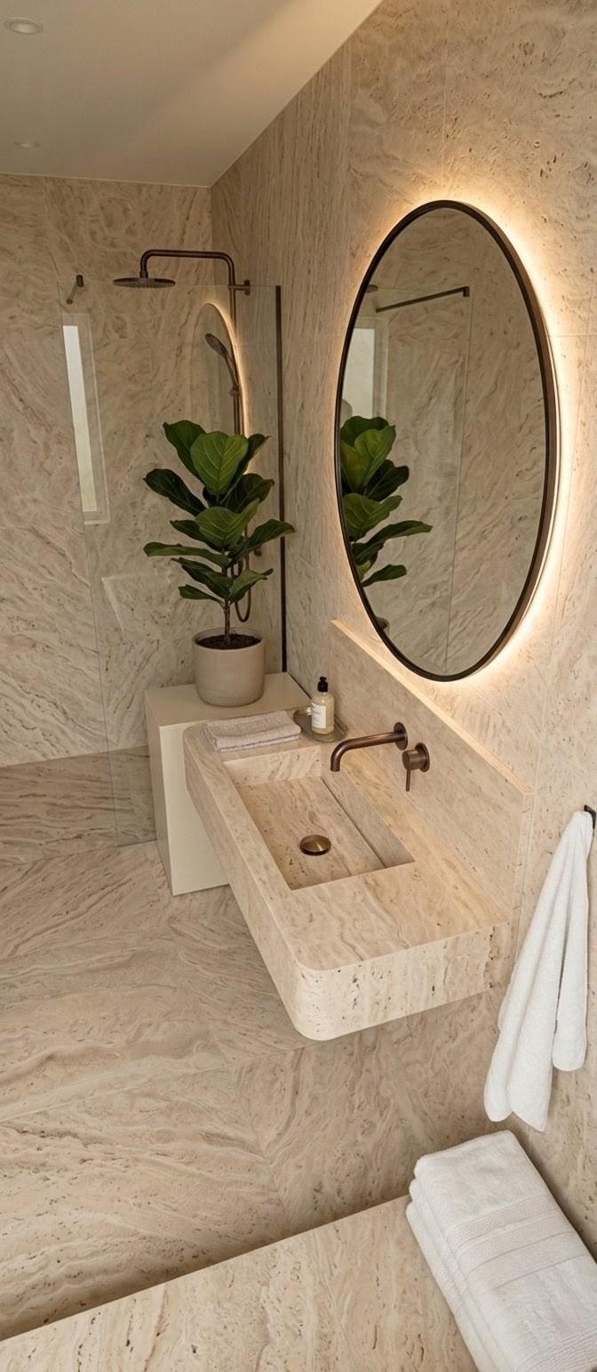 Luxury Travertine Stone Floating Bathroom Vanity - Modern Seamless Design with Integrated Sink