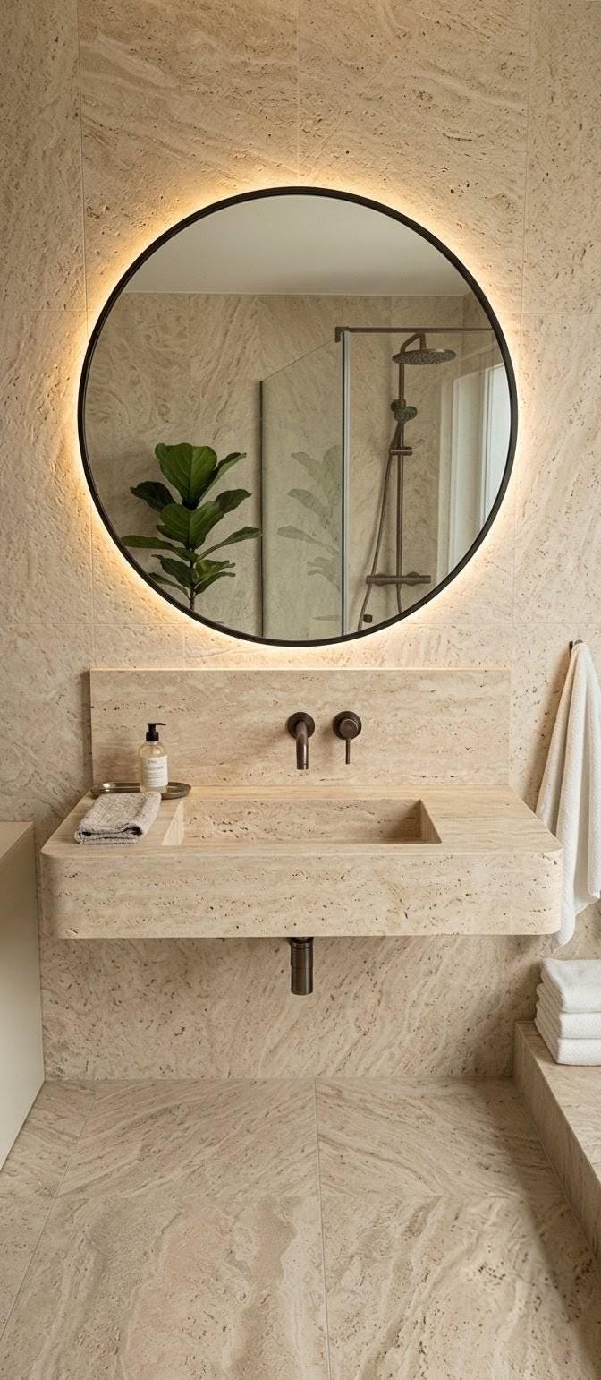 Luxury Travertine Stone Floating Bathroom Vanity - Modern Seamless Design with Integrated Sink