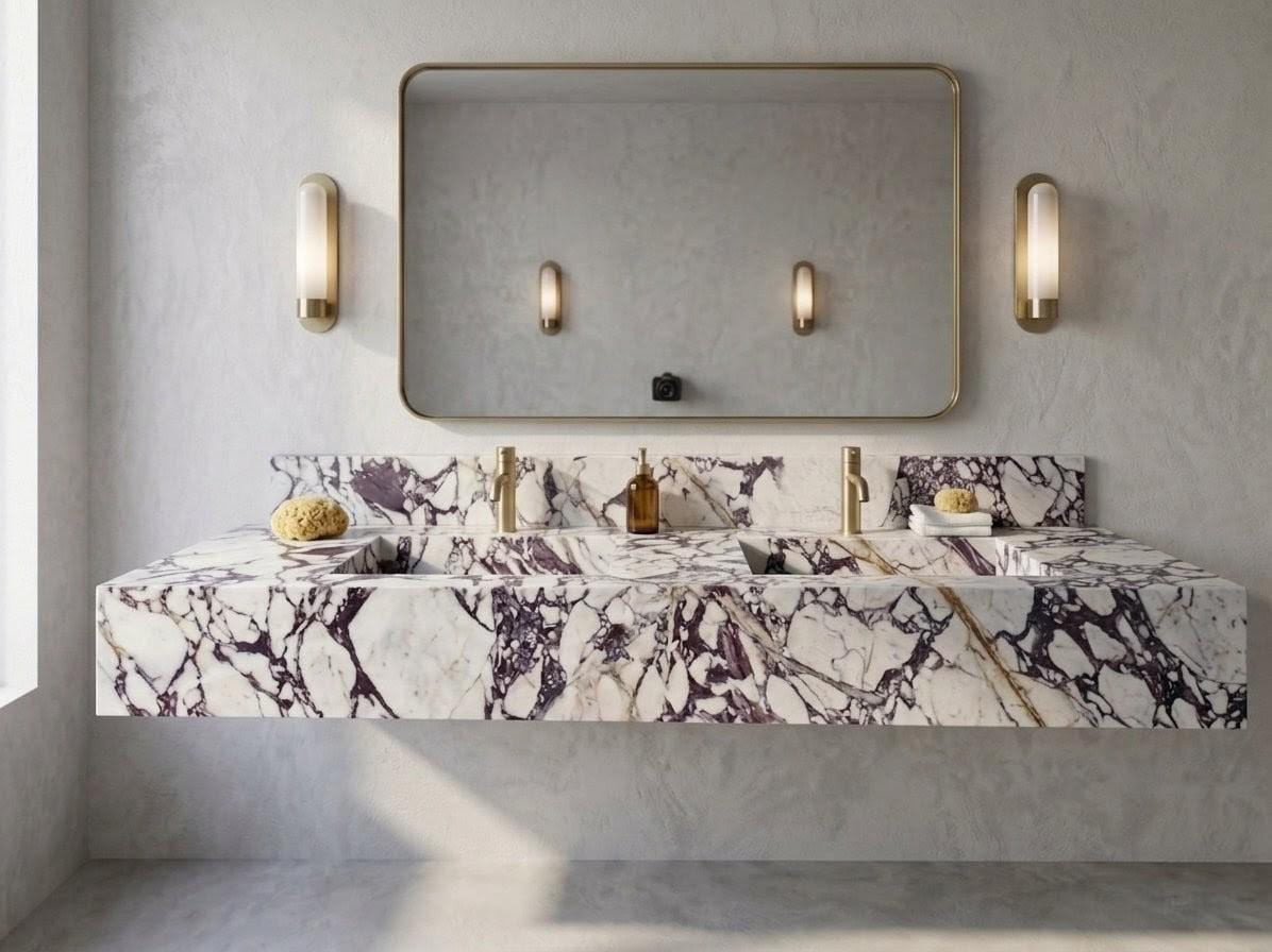 Calacatta Viola Marble Double Vanity, Hand Carved Stone Wash Basin, Floating Bathroom Sink