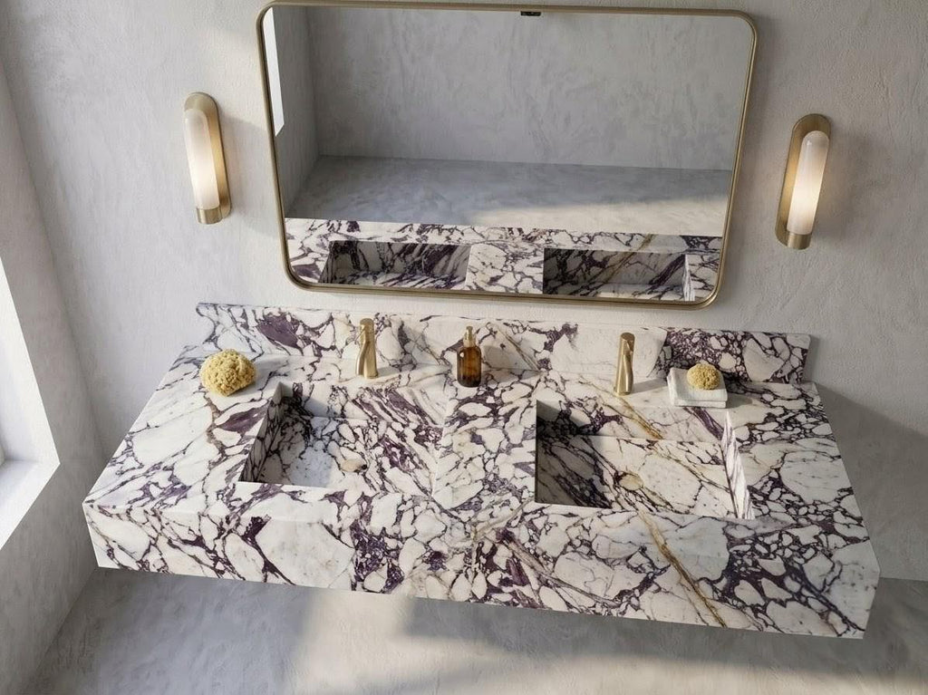 Calacatta Viola Marble Double Vanity, Hand Carved Stone Wash Basin, Floating Bathroom Sink