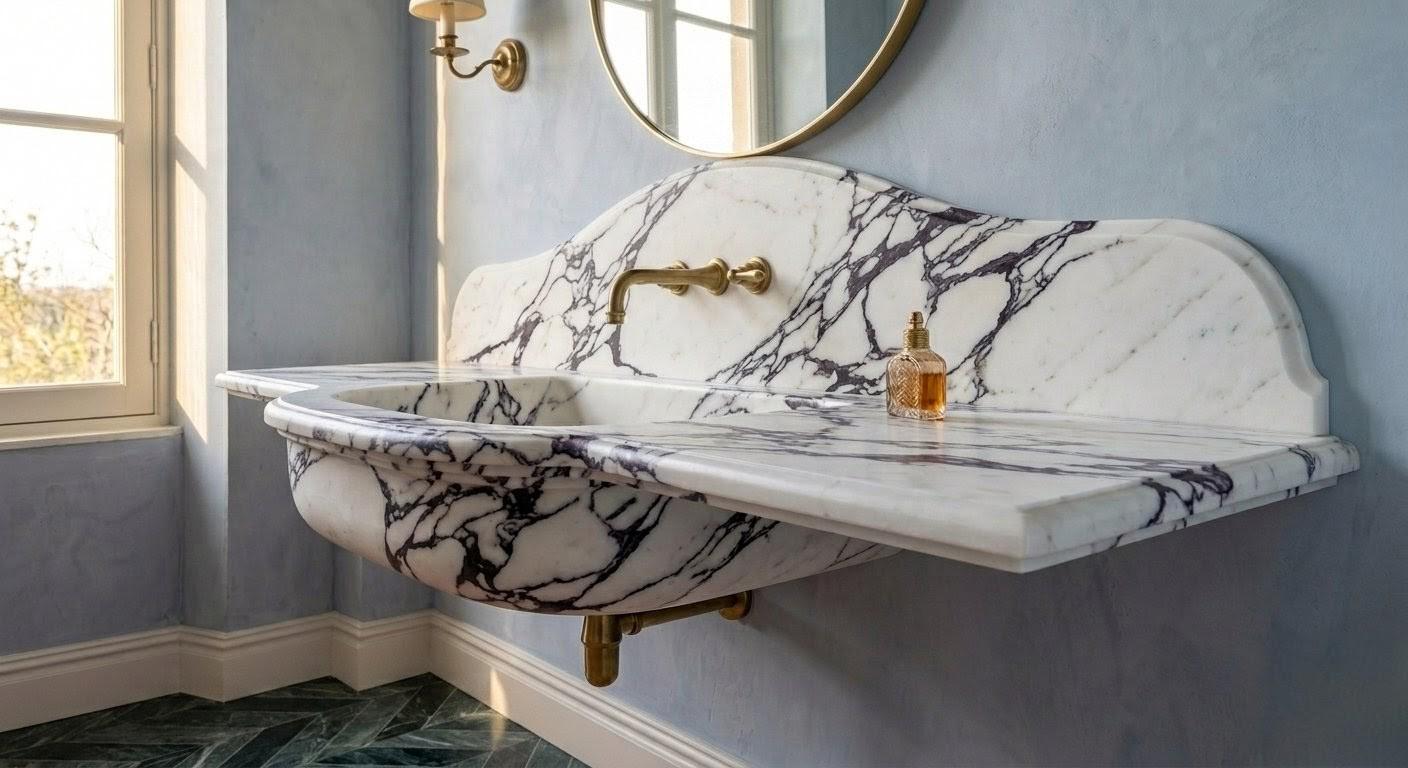 Calacatta Viola Marble Sink, Hand Carved Stone Wash Basin, Custom Vanity, Violet Marble Vessel