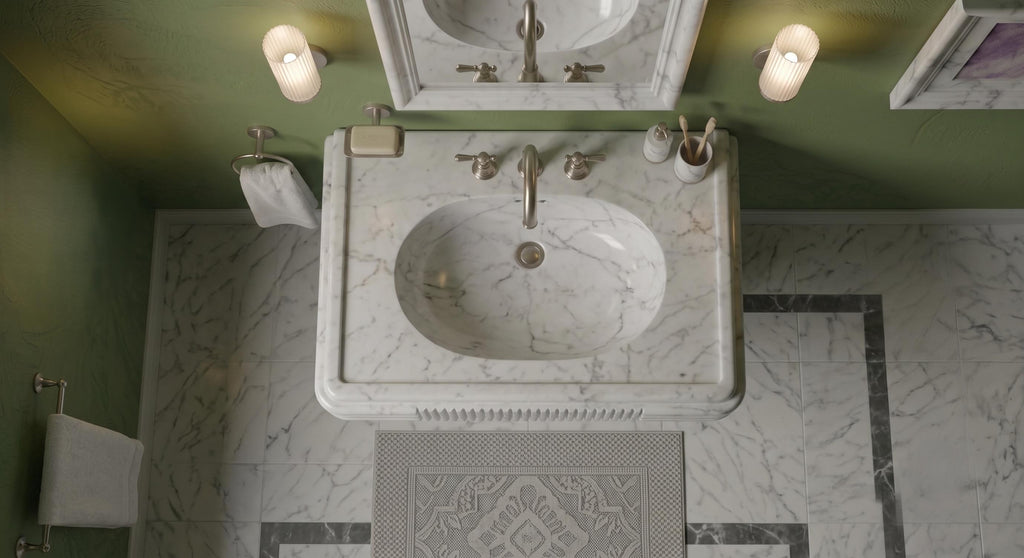 White Marble Pedestal Sink, Fluted Freestanding Stone Washbasin, Luxury Bathroom Vanity