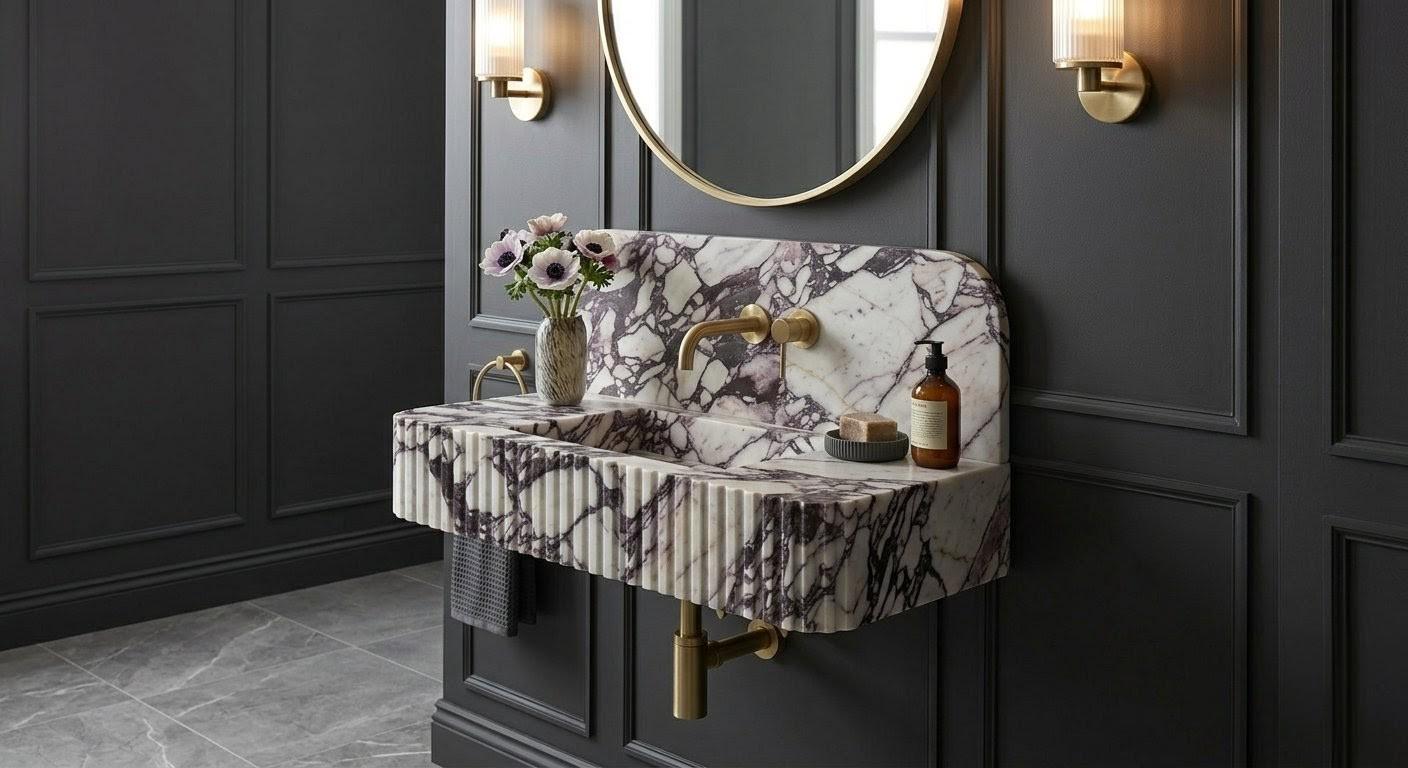 Calacatta Viola Marble Floating Sink, Fluted Vanity, Handcrafted Breccia Powder Room Basin