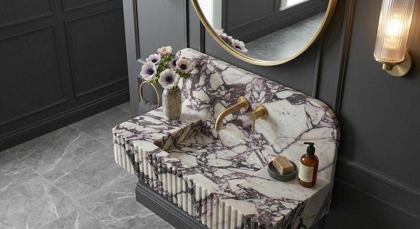 Calacatta Viola Marble Floating Sink, Fluted Vanity, Handcrafted Breccia Powder Room Basin