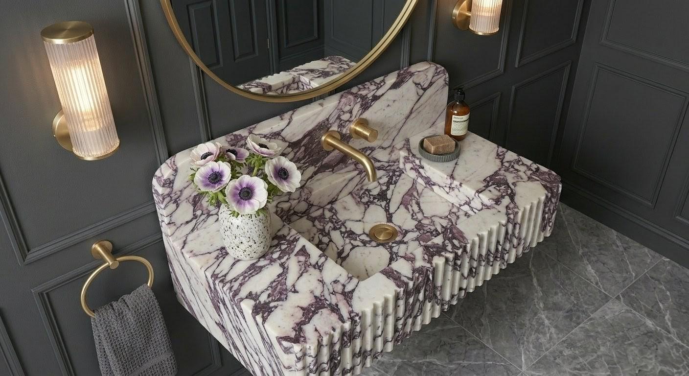 Calacatta Viola Marble Floating Sink, Fluted Vanity, Handcrafted Breccia Powder Room Basin