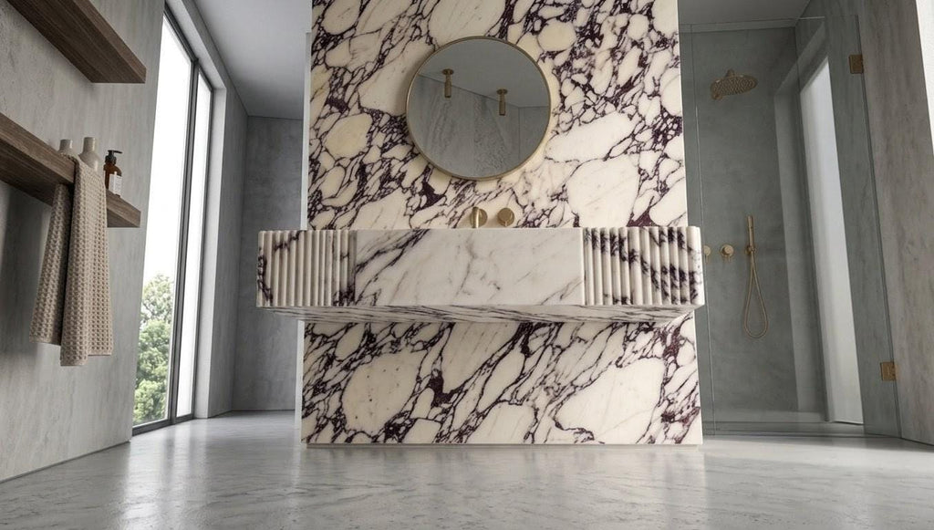 Calacatta Viola Marble Sink, Hand Carved Stone Vessel Basin, Fluted Modern Vanity