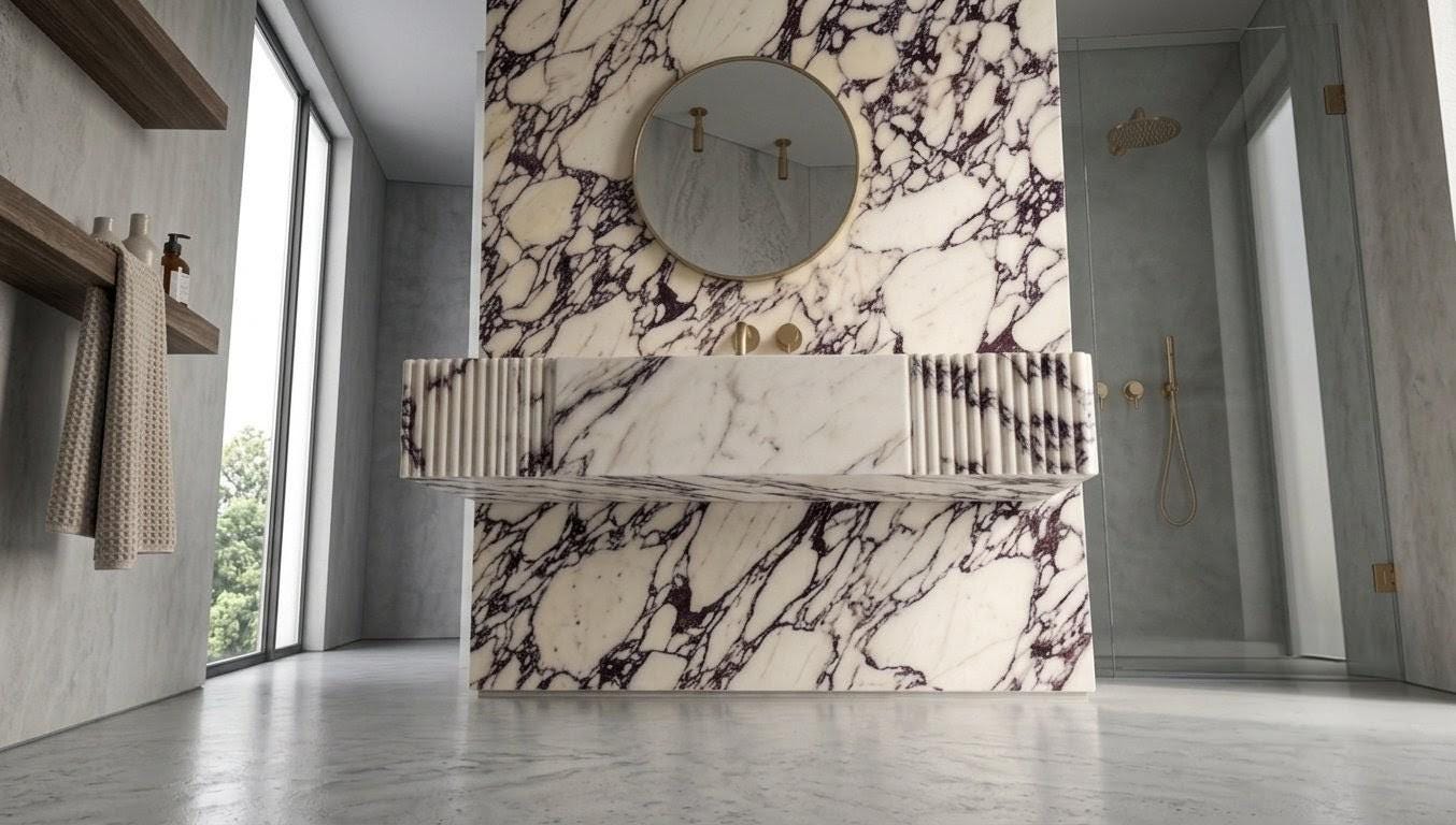 Calacatta Viola Marble Sink, Hand Carved Stone Vessel Basin, Fluted Modern Vanity