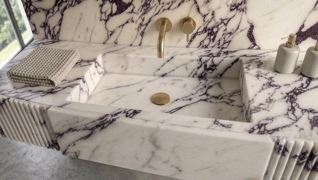 Calacatta Viola Marble Sink, Hand Carved Stone Vessel Basin, Fluted Modern Vanity