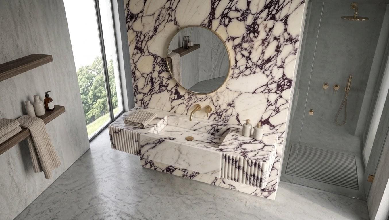 Calacatta Viola Marble Sink, Hand Carved Stone Vessel Basin, Fluted Modern Vanity
